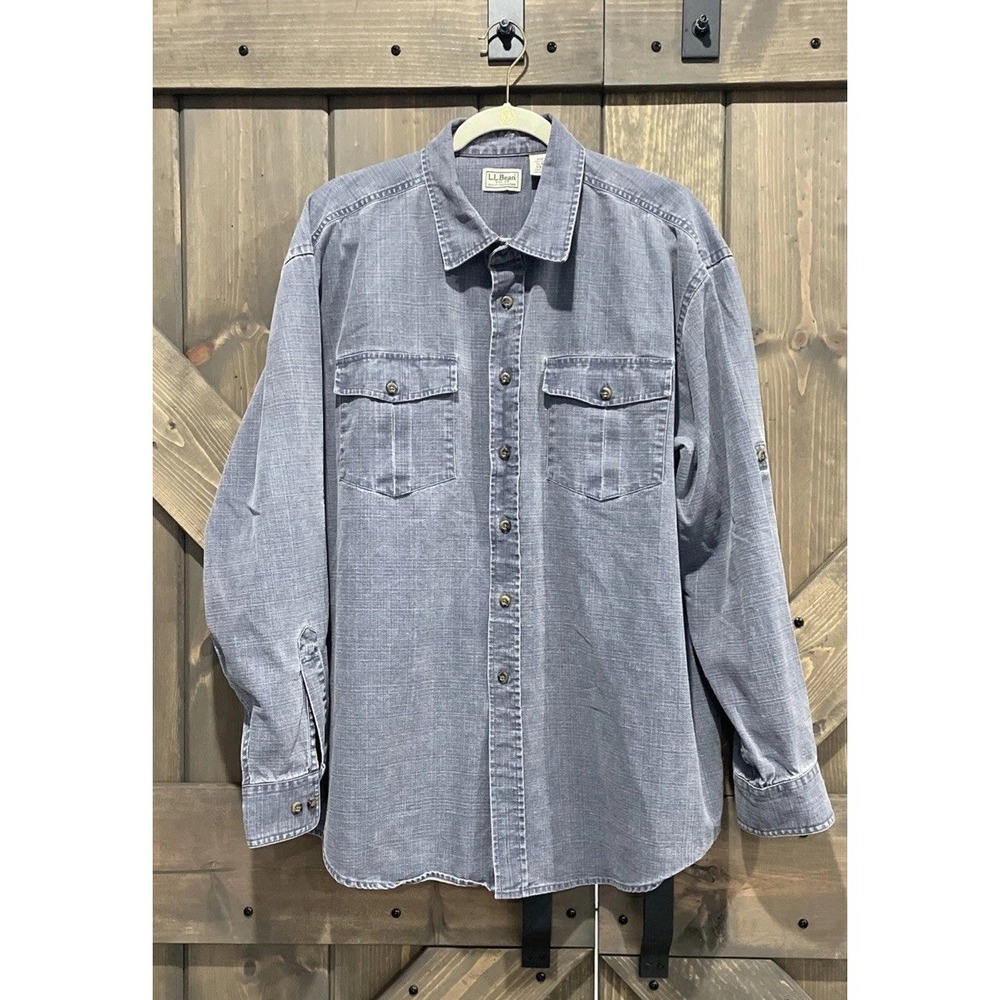 LL Bean Vintage 1990's Grey Denim Long Sleeve Shirt Rolled Up Sleeves‎ Men's XL